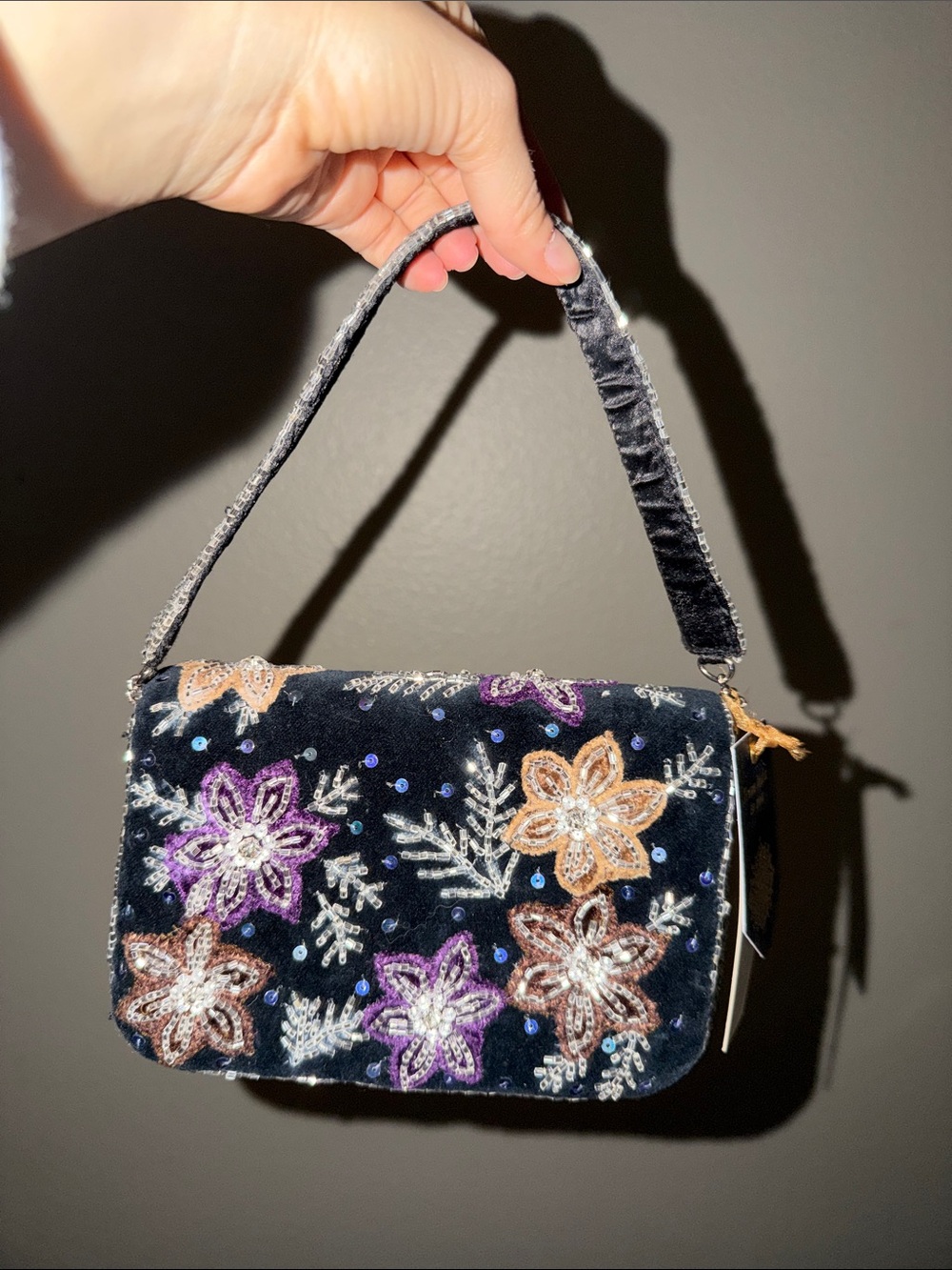 Velvet Floral Embellished Wristlet - Black